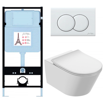 Подвесной унитаз без обода с инсталляцией JACOB DELAFON BASTILLE EDAB103-00 сиденье тонкое микролифт, клавиша глянцевый белый (E36495-NF+EDAB102-00+E36496-00)