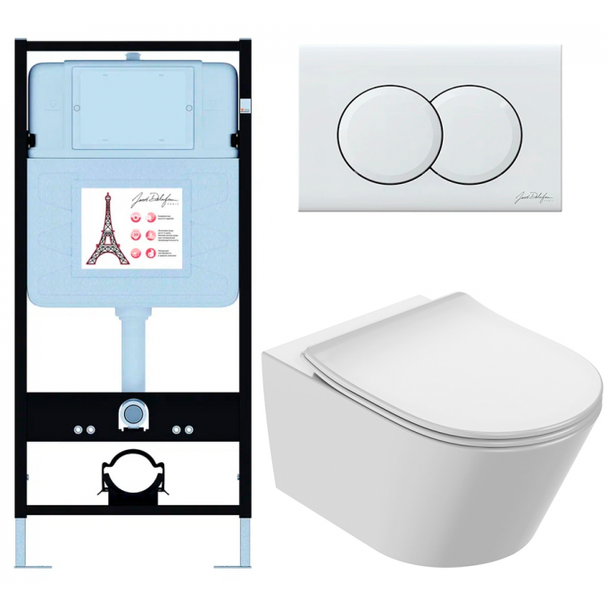 Подвесной унитаз без обода с инсталляцией JACOB DELAFON BASTILLE сиденье тонкое микролифт, клавиша глянцевый белый (E36495-NF+EDAB102-00+E36496-00) EDAB103-00