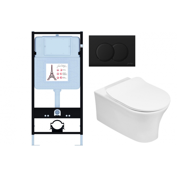 Унитаз c инсталляцией JACOB DELAFON ALEO сиденье тонкое микролифт, клавиша матово черный, (EDAH132-0+E33127-0+E36495-NF+E36496-BL) E21731RU-BL